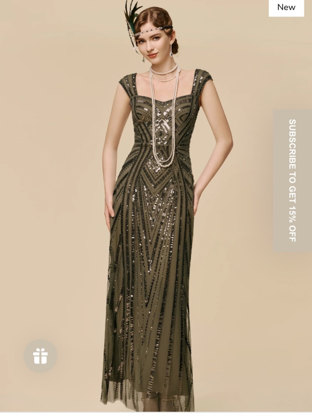 Olive Green Sequin Maxi Dress with Cap Sleeves